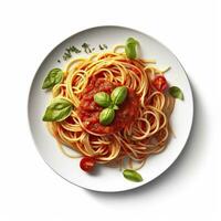 Delicious Plate of Spaghetti with Tomato Sauce on a White Background Generative AI photo