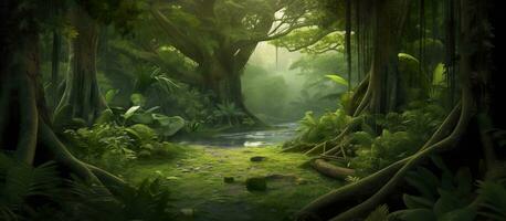 Deep tropical jungles of Southeast Asia in august. Generative AI photo