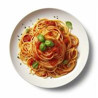 Delicious Plate of Spaghetti with Tomato Sauce on a White Background Generative AI photo