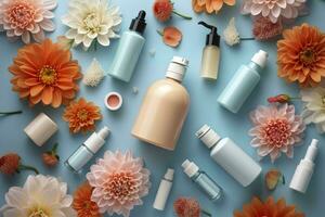 Fresh floral skincare concept. Top view flat lay of pump bottle, pipette, cream bottles, and tubes with flowers on pastel blue background with an empty circle for text or branding. AI Generative photo