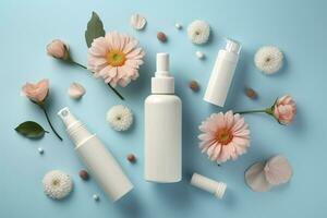 Fresh floral skincare concept. Top view flat lay of pump bottle, pipette, cream bottles, and tubes with flowers on pastel blue background with an empty circle for text or branding. AI Generative photo