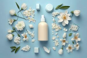 Fresh floral skincare concept. Top view flat lay of pump bottle, pipette, cream bottles, and tubes with flowers on pastel blue background with an empty circle for text or branding. AI Generative photo