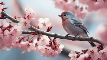 Birds sitting in a tree filled with cherry blossom flowers. Generative AI photo