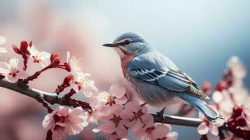 Birds sitting in a tree filled with cherry blossom flowers. Generative AI photo