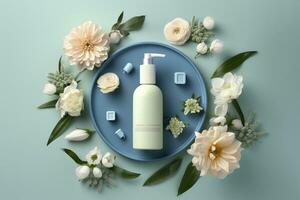 Fresh floral skincare concept. Top view flat lay of pump bottle, pipette, cream bottles, and tubes with flowers on pastel blue background with an empty circle for text or branding. AI Generative photo