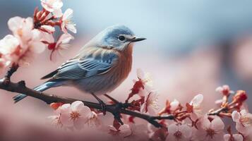 Birds sitting in a tree filled with cherry blossom flowers. Generative AI photo