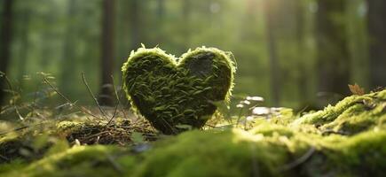 Closeup of wooden heart on moss. Natural burial grave in the woods. Generative AI photo