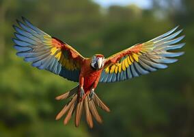 Flying macaw, beautiful bird. Generative AI photo