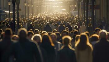 Crowd of people walking busy city street backlit. Generative AI photo