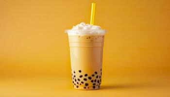 A bubble tea in a plastic cup. Generative AI photo