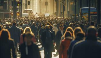 Crowd of people walking busy city street backlit. Generative AI photo