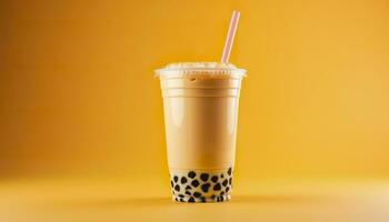 A bubble tea in a plastic cup. Generative AI photo