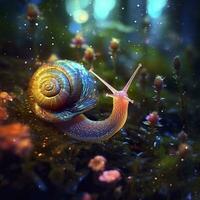 Iridescent Snail in a Fairy Forest, Close Up of a Shimmering Shell. AI Generative photo