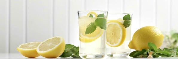 Lemonade in a glass with fresh lemons and mint. Cold summer drink with copy space. Generative AI photo