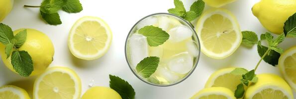 Lemonade in a glass with fresh lemons and mint. Cold summer drink with copy space. Generative AI photo