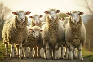 A group of sheep standing outdoors. Generative AI photo