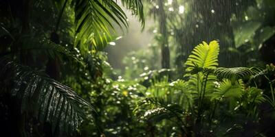 Rain falls in a rainforest with the rain drops. Generative AI photo