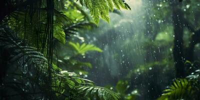 Rain falls in a rainforest with the rain drops. Generative AI photo