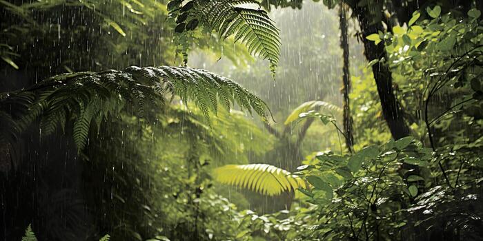 Rain falls in a rainforest with the rain drops. Generative AI photo