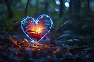 Glowing bioluminescent plant shaped like a human heart, in a mysterious forest. Generative AI photo