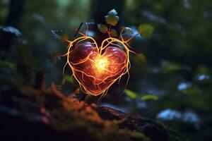 Glowing bioluminescent plant shaped like a human heart, in a mysterious forest. Generative AI photo