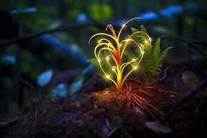 Glowing bioluminescent plant shaped like a human heart, in a mysterious forest. Generative AI photo