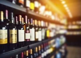 Abstract blur wine bottles on liquor alcohol shelves in supermarket store background. Generative AI photo