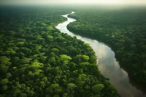 Aerial view of the Amazonas jungle landscape with river bend. Generative AI photo