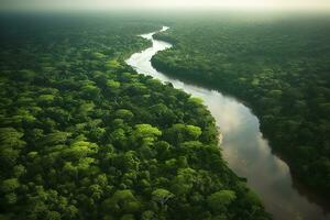 aéreo ver de el amazonas selva paisaje con río doblar. generativo ai foto