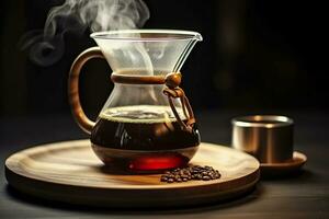 An alternative coffee brewing method is pure over, a glass teapot on a wooden tray. Generative AI photo