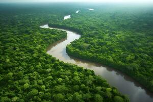 Aerial view of the Amazonas jungle landscape with river bend. Generative AI photo