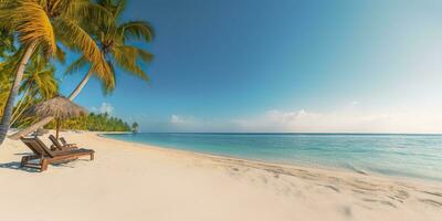 White sand and coconut plant travel tourism wide panorama background concept. Generative AI photo