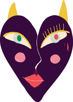 quirky strange clockwork heart with a funny face and horns. Illustration in a childish hand-drawn style