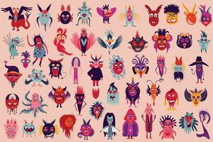 Vibrant Strange ugly Halloween characters. Cute bizarre comic characters in modern flat hand drawn style vector