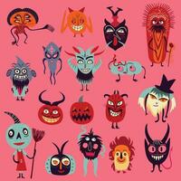 Vibrant Strange ugly Halloween characters. Cute bizarre comic characters in modern flat hand drawn style vector