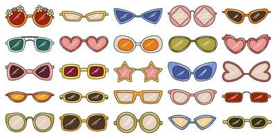 Set of different retro style, hippie sunglasses. Different shapes such a circle, heartshape, with flowers, star shape. vector