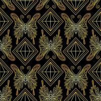 Seamless pattern with golden butterflies and diamonds on a black background. vector