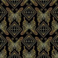 Seamless pattern with golden butterflies and diamonds on a black background. vector