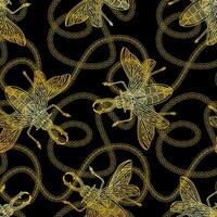 Seamless pattern with golden beetles and chains. vector