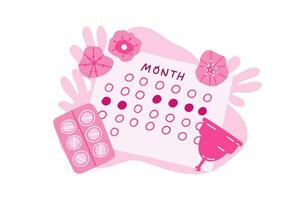 Calendar period of menstruation. Menstrual cup, pain reliever. PMS, calendar. Vector illustration in flat style.