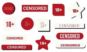 Censored signs elements set, 18 plus. Many different variations, symbols and signs, censorship. Red and white censored concept. Vector illustrations.