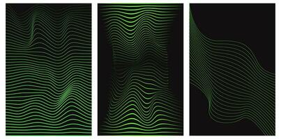 Set of distorted pattern of green neon lines on a black background. Abstract glitch background. Retrowave, vaporwave. Acid green, black colors. Fashion retro 1980s, 90s style. Print, poster, banner. vector