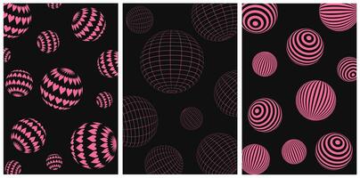 Set of posters with abstract 3D wireframe shapes patterns. Cyber neo futuristic grids. heart, line, wireframe wavy geometric perspective ball, sphere. 80s cyberpunk elements, vector