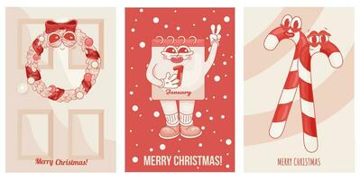 Set of retro New Year Christmas cards with cartoon characters. Cartoon characters, vintage, groovy. Advent wreath, calendar, striped candy canes vector