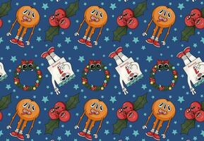 Christmas elements, seamless pattern. Calendar, advent wreath, mistletoe berries, tangerine in trendy cartoon retro style. Merry Christmas and Happy New Year. Groovy vector