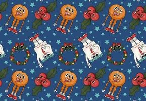 Christmas elements, seamless pattern. Calendar, advent wreath, mistletoe berries, tangerine in trendy cartoon retro style. Merry Christmas and Happy New Year. Groovy vector