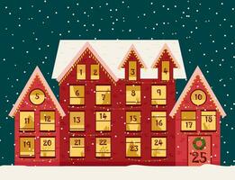 Advent calendar template. Christmas house with countdown windows. Merry Christmas poster. Vector illustration.