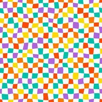 Multicolor checkerboard seamless pattern. Groovy psychedelic wavy chessboard. Hippie twisted gingham checkerboard background. Checker retro psychedelic vector illustration isolated on white background