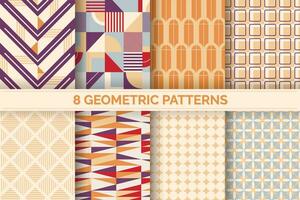 Set of 8 trendy retro style seamless patterns with abstract geometric shapes. vector