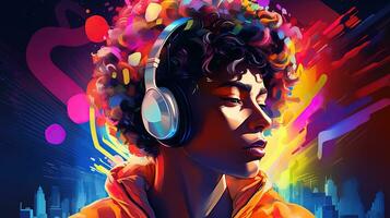 un ilustración de vistoso retrato de un persona escuchando a música mientras vistiendo auriculares foto